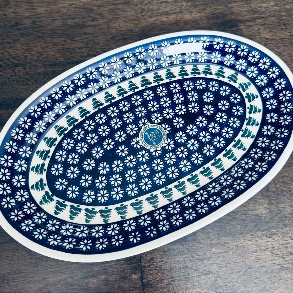Boleslawiec Polish Pottery Christmas Tree Poinsettia Oval Serving Plate Dish